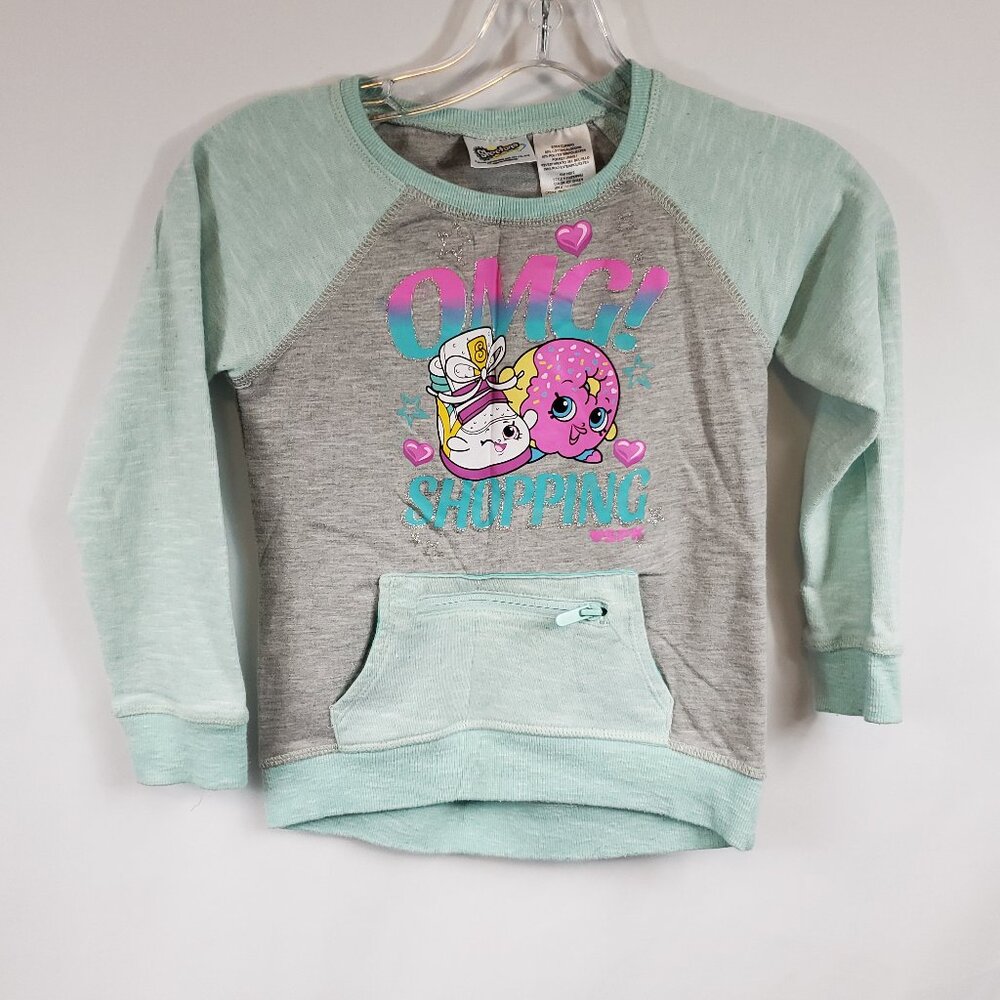 Shopkins Girls OMG Shopping Graphic Print Blue Grey Sweater Sz M 7-8